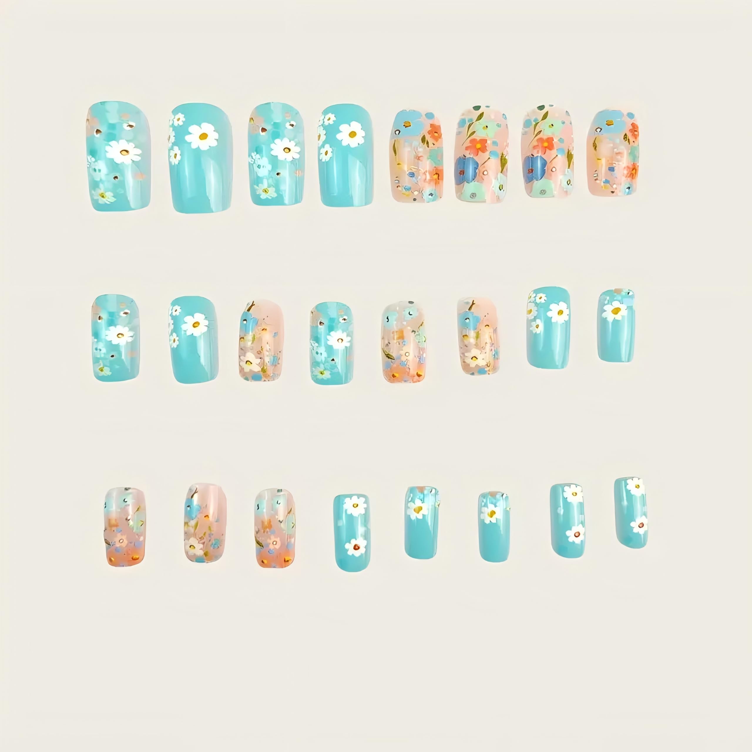 24 PCS Press on Nails Medium Square Nails Relief Mixed Color Flowers Spring Summer Design French Tip Fake Nails Classic Glue Nails Full Cover Gel French False Nails for Artificial Women DIY Manicure - Image 4
