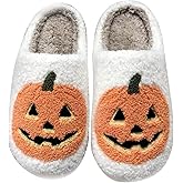 Qubuwalk Halloween Pumpkin Slippers for Women Men Spooky Slides Soft Plush Fuzzy House Slippers Indoor Outdoor Shoes
