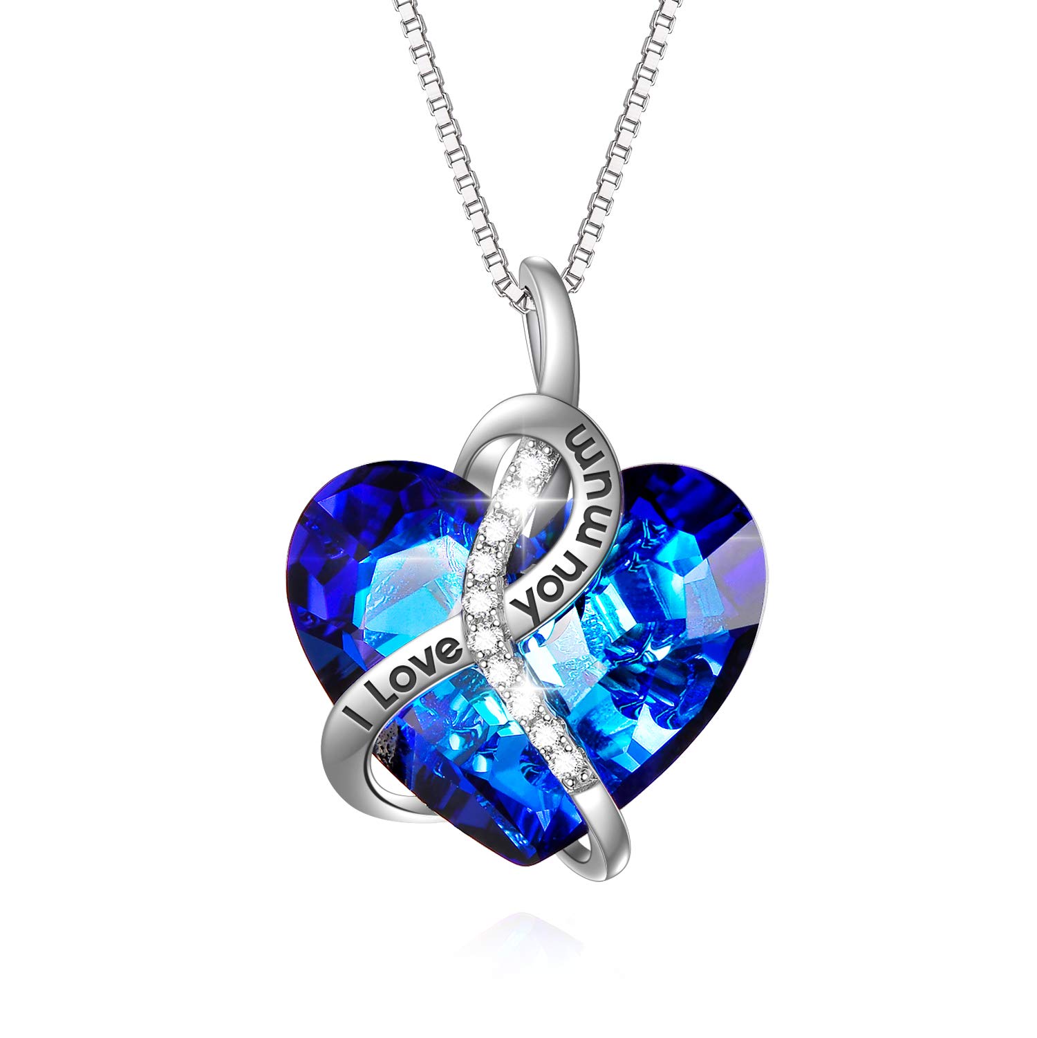 AOBOCO Gifts for Mum Necklaces Mother Birthday Gifts Sterling Silver I Love You Mum Heart Necklace (Blue)