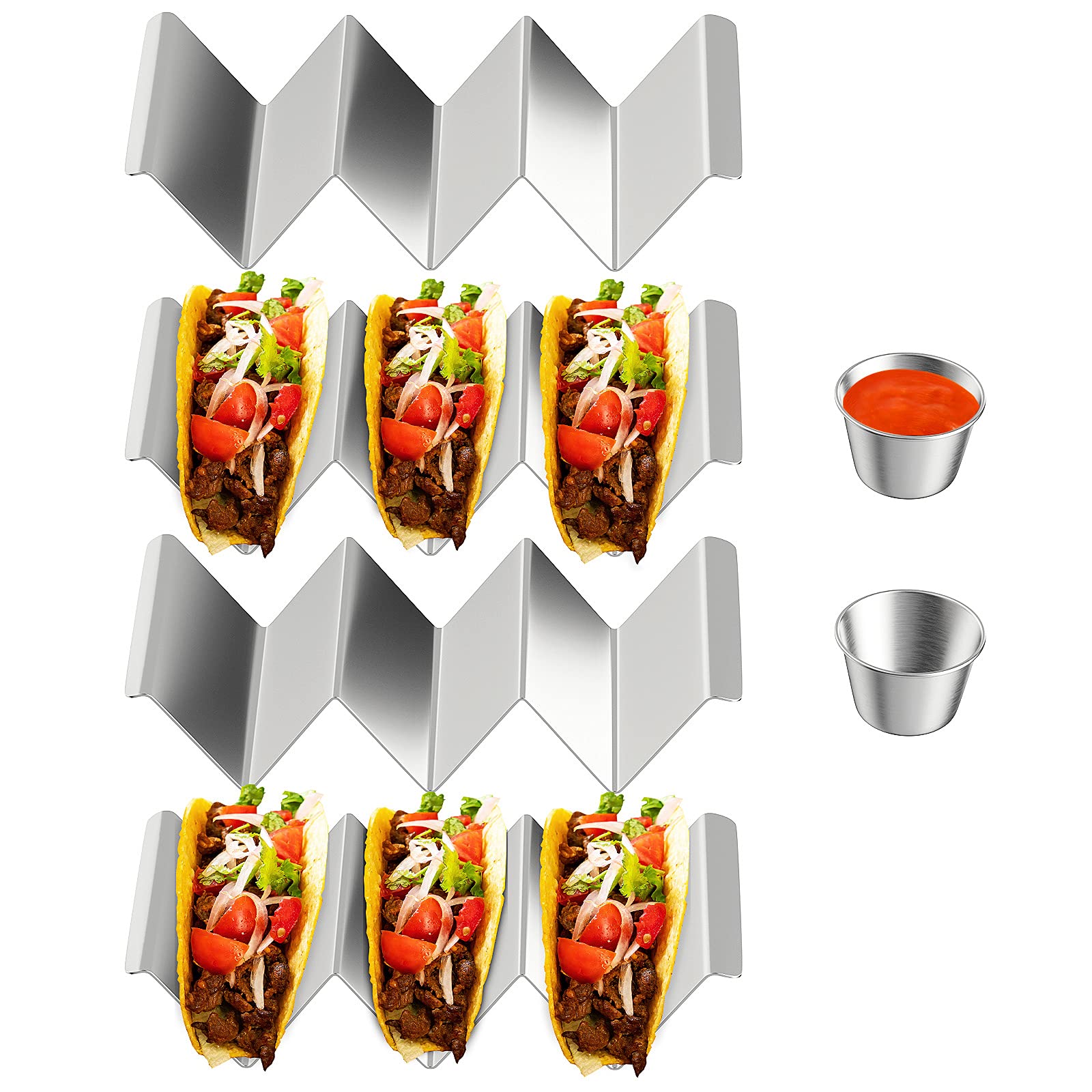 Gearific Taco Holder Stands Stainless Steel Set of 4, Taco Rack Shell with Handles, Taco Rack Holds Up to 3 Tacos,Grill and Dishwasher Safe, Silver