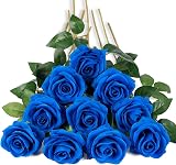 DuHouse 10Pcs Artificial Roses Realistic Silk Flowers with Long Stems Klein Blue