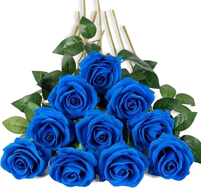 DuHouse 10Pcs Artificial Roses Realistic Silk Flowers with Long Stems Klein Blue