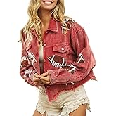 happlan Football Sequin Embroidery Rugby Cropped Frayed Hem Vintage Washed Corduroy Jacket Coat Shacket for Women