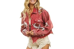 happlan Football Sequin Embroidery Rugby Cropped Frayed Hem Vintage Washed Corduroy Jacket Coat Shacket for Women