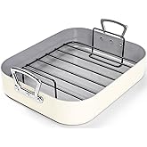 MICHELANGELO Ceramic Roasting Pan with Rack, Turkey Roasting Pan with Nonstick Ceramic Coating, Deep Turkey Roaster Pan, 15 Inch x 13 Inch - Beige