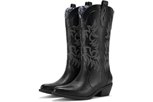 Rollda Women's Cowboy Boots Snip Toe Cowgirl Boots Embroidered Mid-Calf Western Boots Ladies Distressed Boots with Pull-Up Tabs