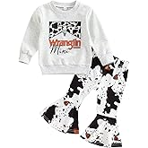 Toddler Baby Girl Fall Winter Clothes Set Letter Print Pullover Sweatshirt Top+Cow Spot Flared Pants Bell Bottom Outfits