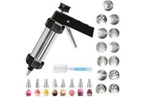 Stainless Steel Spritz Cookie Press Set, Cookie Press Gun Kit with 8 Piping Tips and 13 Discs, Cookie Bazooka for DIY Maker a