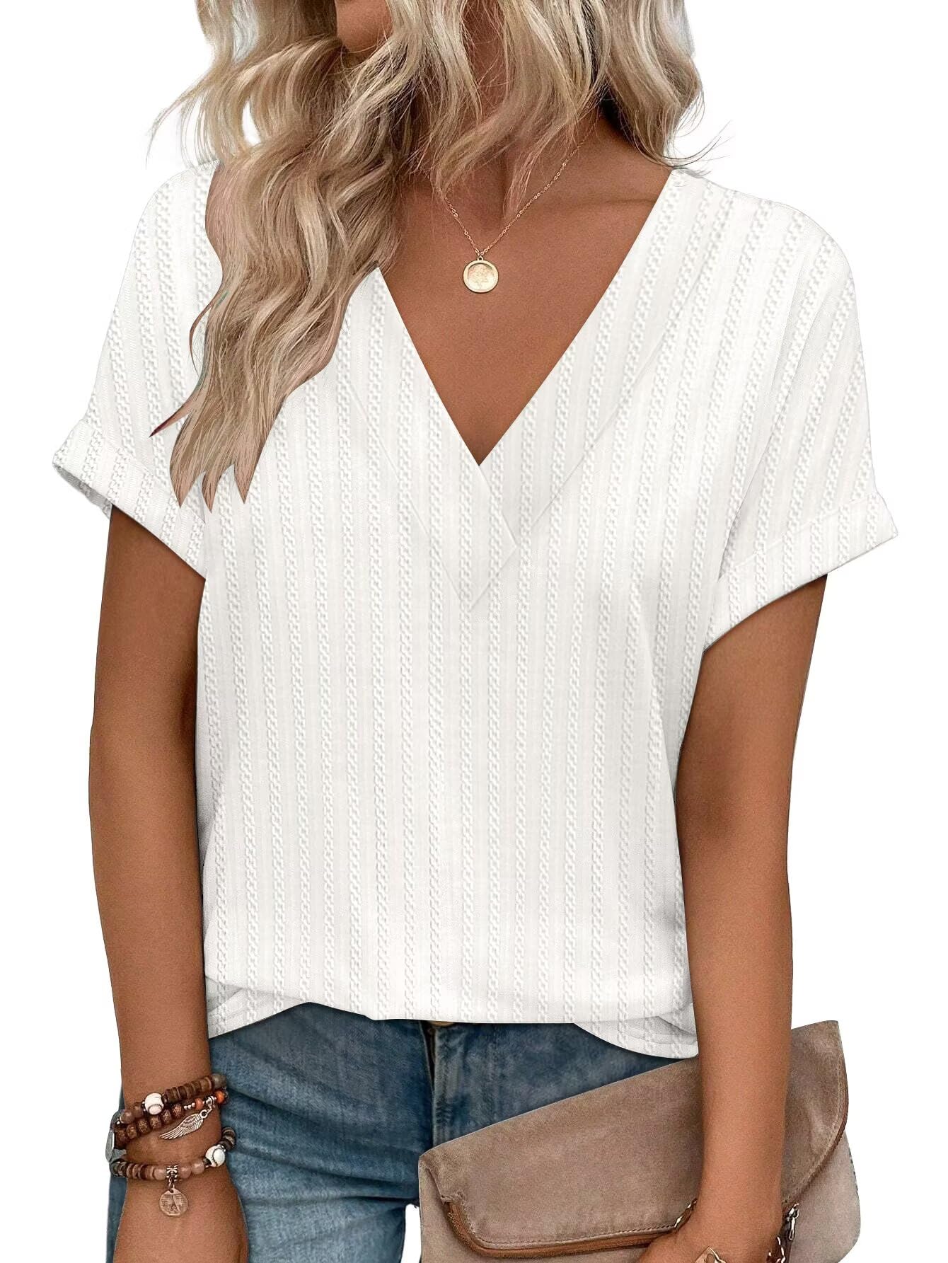 Photo 1 of KKJ Womens Tops V Neck Textured Short Sleeve T Shirts Loose Fit Casual Cute Top 2025 Spring Summer Outfits Trendy Clothes White