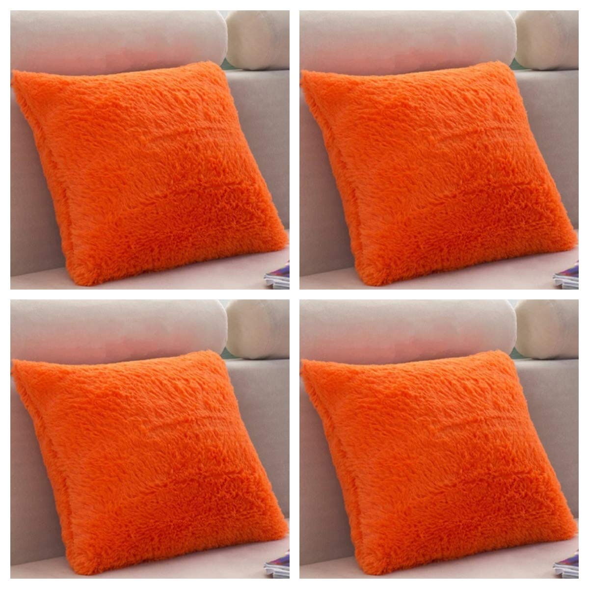 SET OF 4 - Extra Soft Teddy Bear Faux Fur Fleece Cushion Covers 45cm x 45cm / 18x18-14 Amazing Colours (Orange)