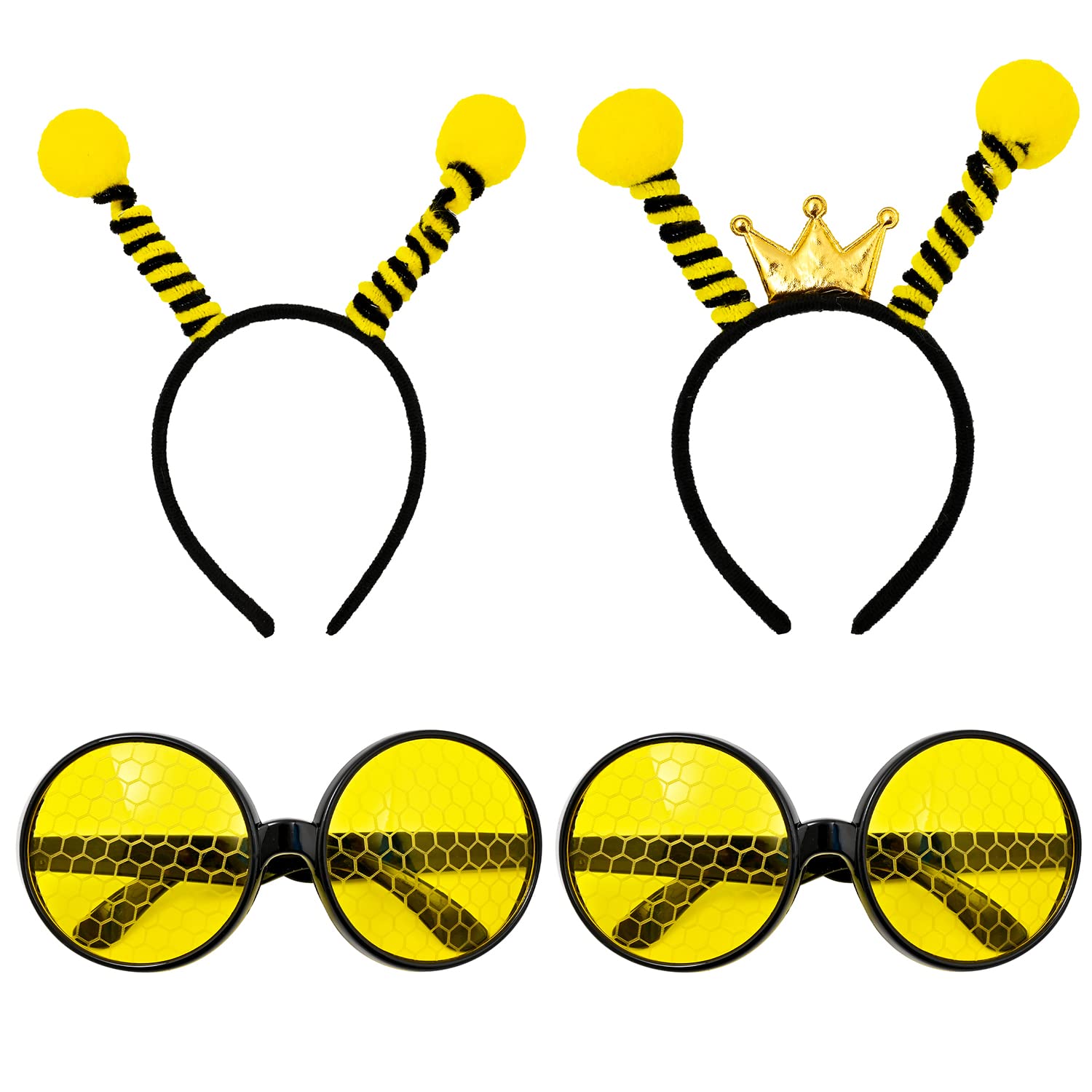 NAUZE 2 Pieces Bee Headband and 2 Pairs Glasses Set Bee Antenna Headband Boppers with Bee Sun Glasses for Bee Day Fancy Dress Party Halloween Bee Costume Accessories