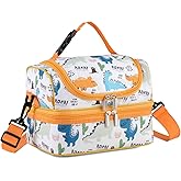 VASCHY Lunch Box Bag Kids, Insulated Two Compartments Cooler Bags for Boys Girls w Shoulder Strap for School,Daycare,Kindergarten,Picnic Dinosaurs Yellow