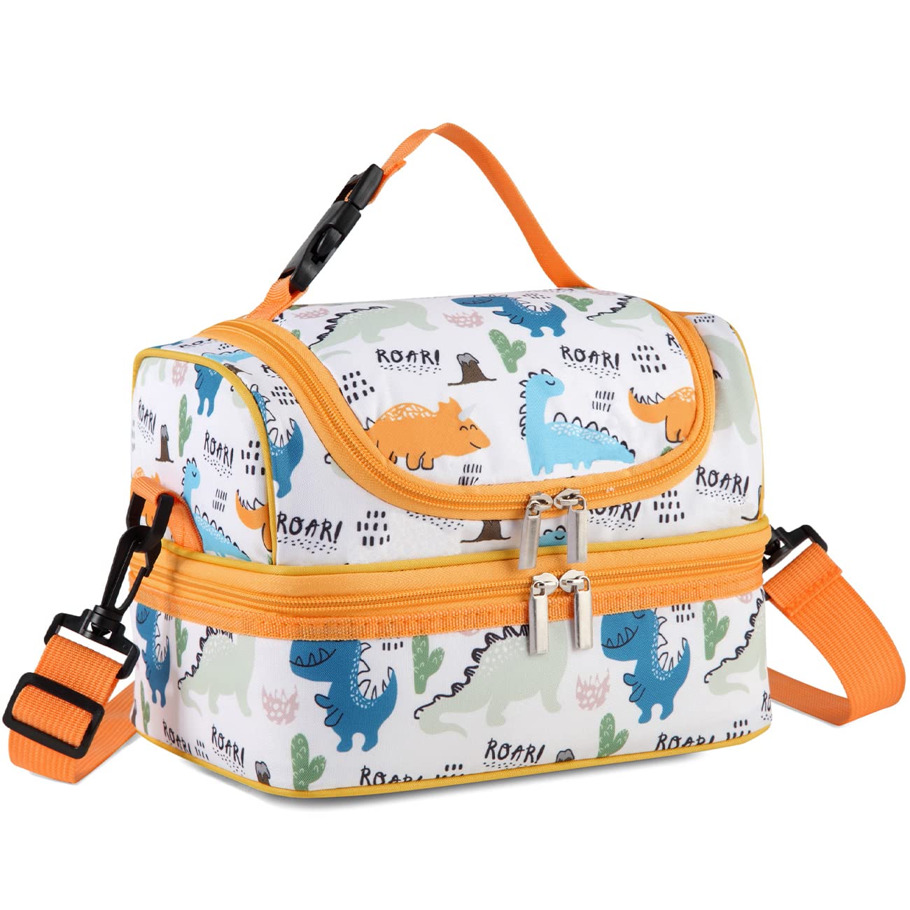 VASCHY - Kids and Boys Insulated Lunch Bag - Separate Compartments, Reusable Lunch Bag with Adjustable Shoulder Strap for School and Picnic - (Yellow Dinosaur)