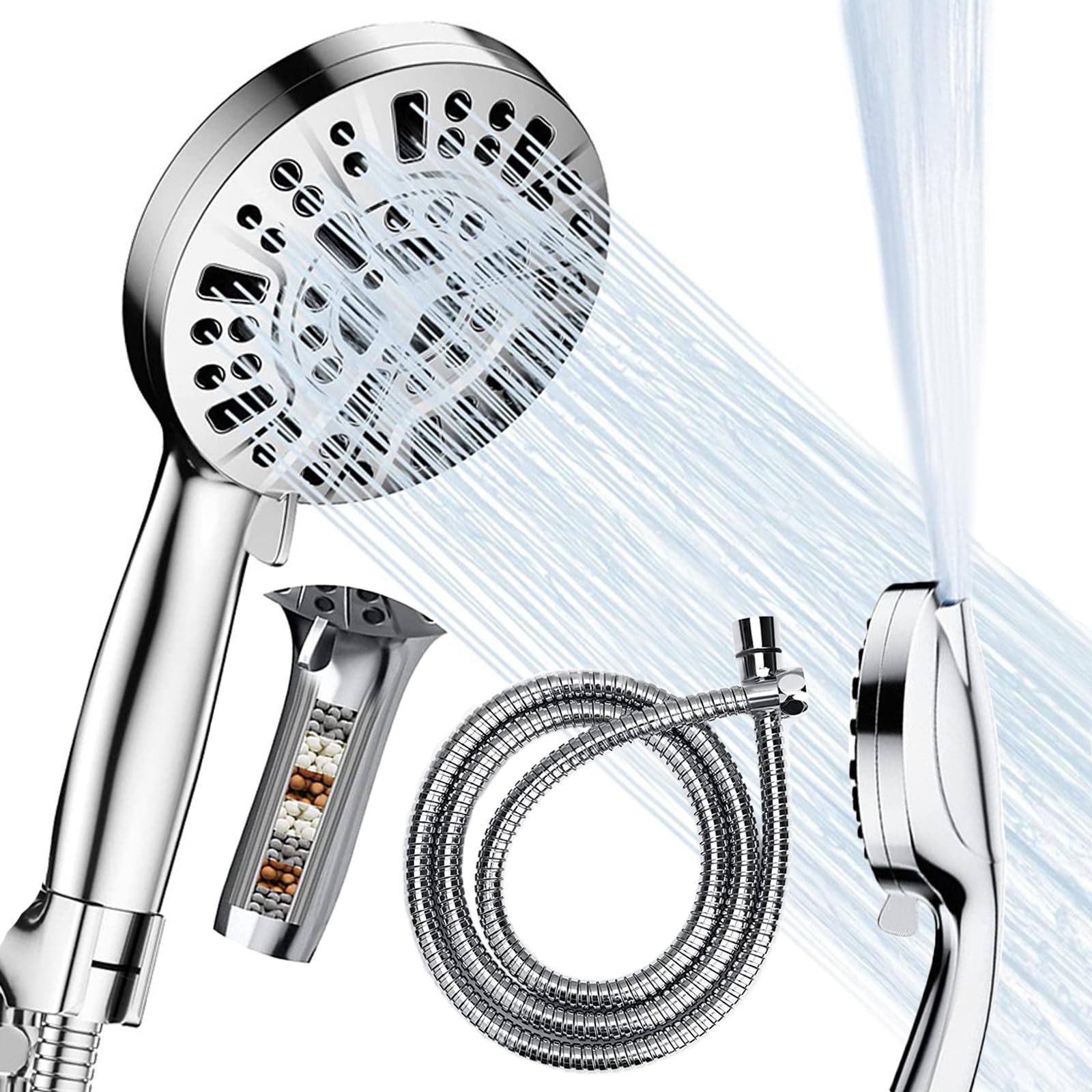 Power Shower Head, Bathroom Shower Head Handheld Showers 8-Modes High Pressure Chrome Shower Head Silicone (Silver)
