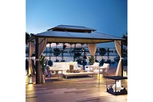 YOLENY 12'x16' Hardtop Gazebo, Outdoor Polycarbonate Double Roof Canopy, Aluminum Frame Permanent Pavilion with Curtains and Netting, Sunshade for Garden, Patio, Lawns