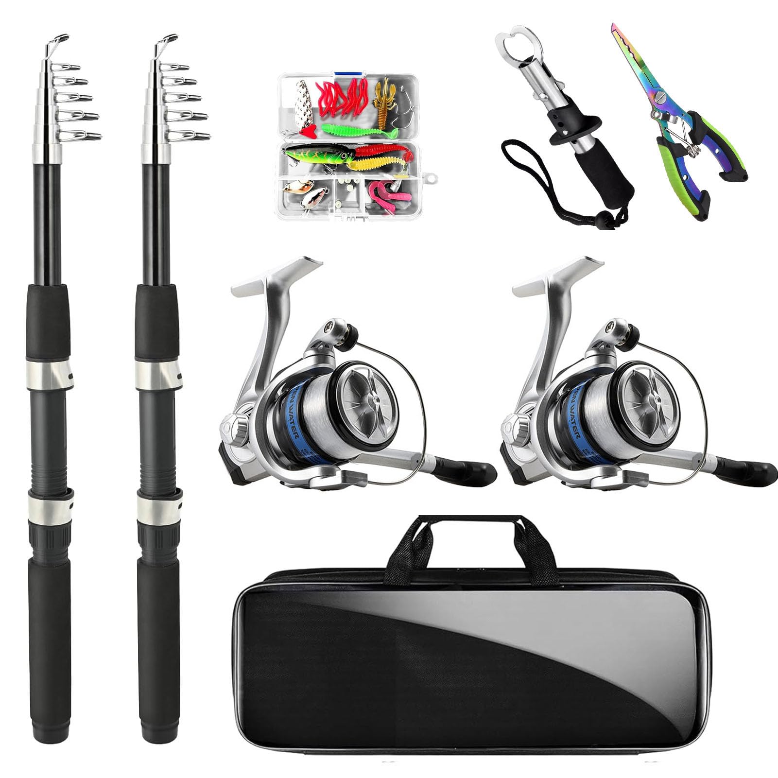 Telescopic Fishing Rod and Reel Combo Set, 2PCS Collapsible Fishing Poles, Fishing Kit with Spinning Reel Fishing Pliers and Lip Gripper, Travel Saltwater Freshwater Fishing Gear for Adults Beginners