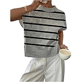 SOLY HUX Women's Short Sleeve Sweater 3D Floral Sweaters Pullover Tank Tops Knit Vest Trendy Fashion Clothing Grey Striped Large