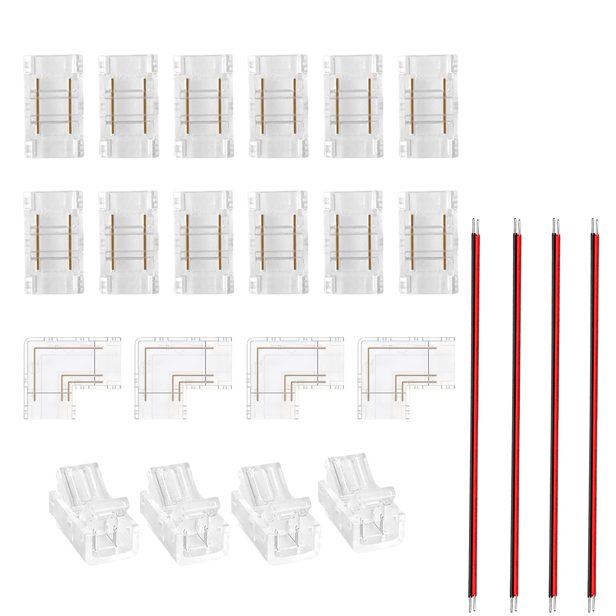 Clearhill 2Pin Transparent Solderless COB LED Strips Connector Corner Kit,Strip to Wire 4P,Strip to Strips 12P,L-Shape 2P,Red and Black Wire 4P,for 5V 12V 24V LED Strips