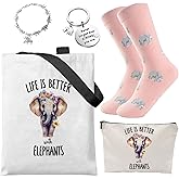 Farmansion Elephant Gifts for Women - 5Pcs Animal Lovers Birthday Gift Set,Elephant Tote,Makeup Bag,Keychain,Bracelet, Christmas Valentines Wedding Present