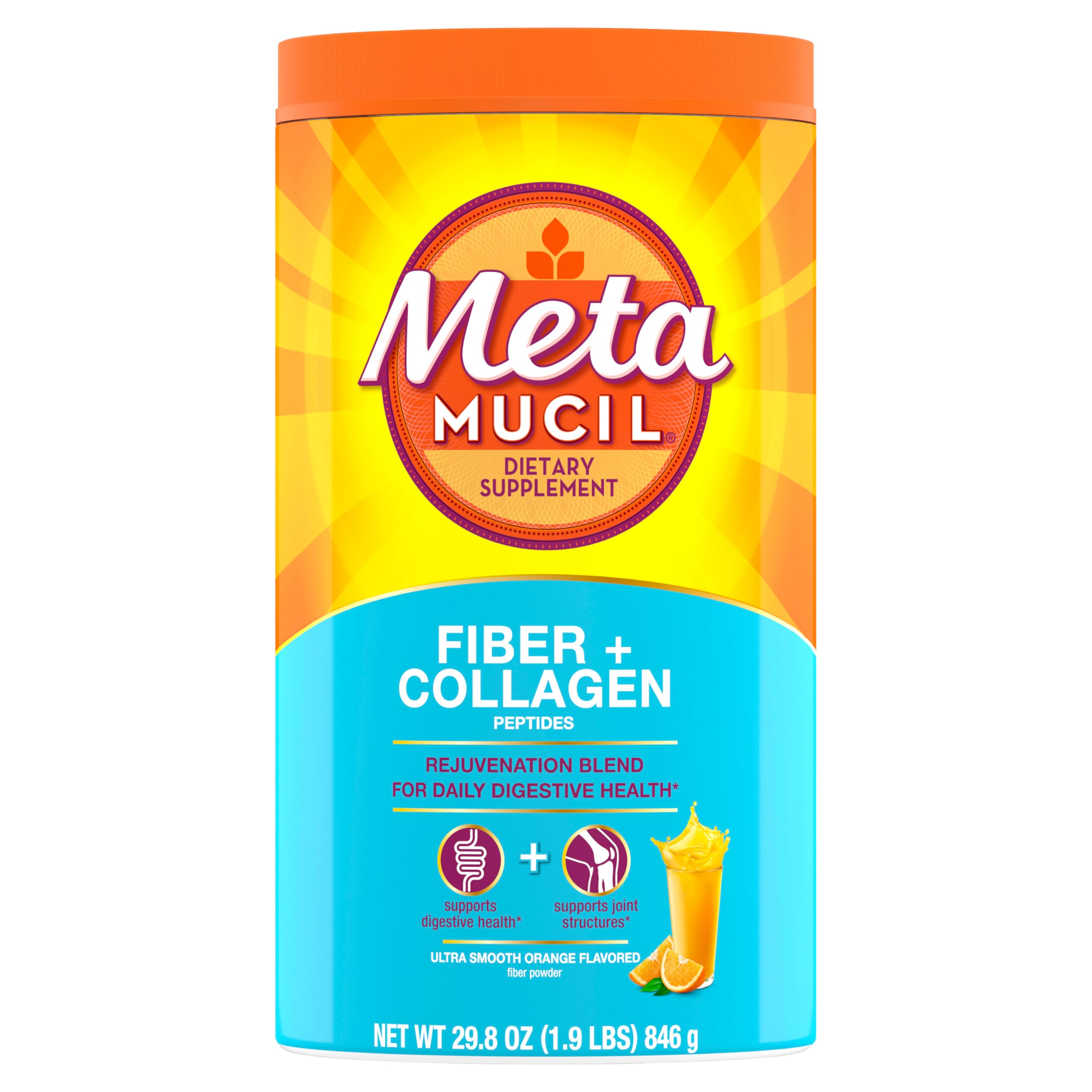 Metamucil Daily Fiber + Collagen, Psyllium Husk Powder, Plant Based Fiber Supplement, Sugar-Free with Stevia, 3-in-1 Fiber Supplement for Digestive Health, Orange Flavored, 90 Doses