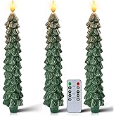 Homemory 3 Pcs Christmas Tree Candles with Remote, Waxy Flameless Taper Candles Flickering, Green LED Candlesticks Battery Operated for New Year Celebration Holiday Decorations 9.7 Inches