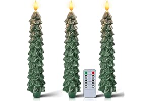 Homemory 3 Pcs Christmas Tree Candles with Remote, Waxy Flameless Taper Candles Flickering, Green LED Candlesticks Battery Operated for New Year Celebration Holiday Decorations 9.7 Inches