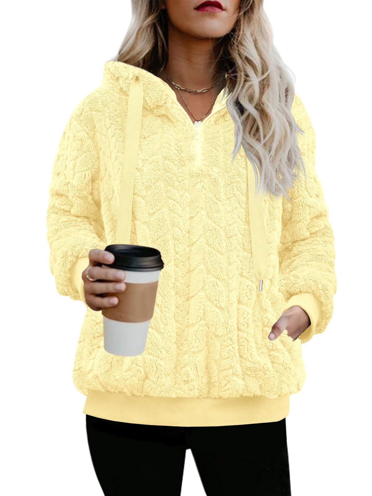 Nirovien Womens Hoodies Fuzzy Fleece Pullover Fluffy Sherpa Sweatshirt Solid Warm Outwear(Leaf Yellow,S) Image