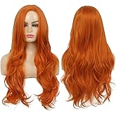 Baruisi Long Curly Wavy Orange Wigs for Women Side Part Natural Looking Synthetic Cosplay Hair Wig,Orange