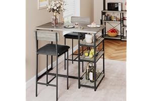 Amyove Dining Table Set for 2, Bar Table and Chairs for 2, Kitchen Table Set with 2 Upholstered Chairs, 3 Large Storage Shelves, Pub Table Set for Small Space, Apartment, Breakfast, Rustic Grey