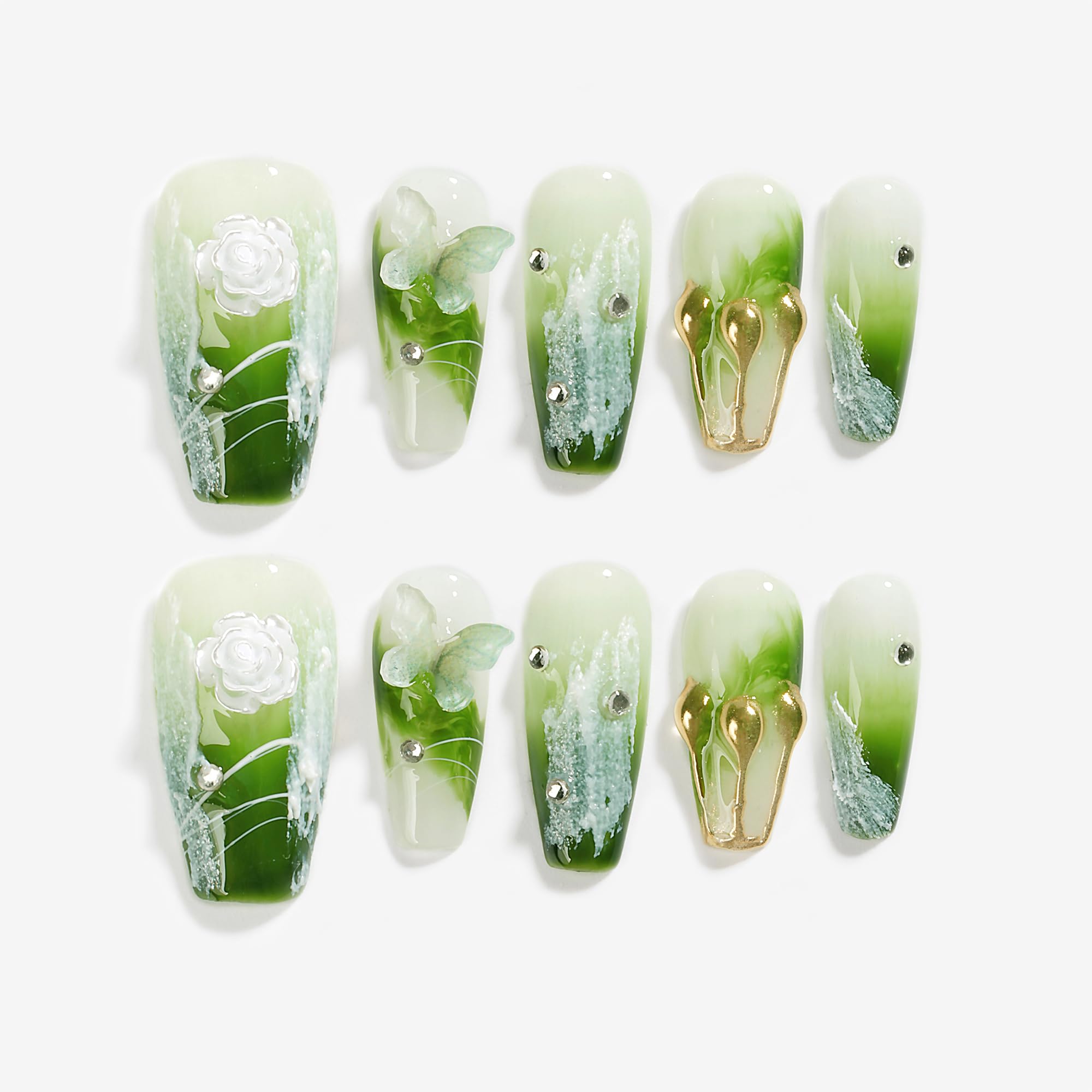 Sun&Beam Nails Handmade Press On Nails Medium Trapezoid Light to Deep Green Gradient Floral Butterfly Gold Crystal Glossy 10 Pieces for Everyday Wear and Special Occasions (#009 M)