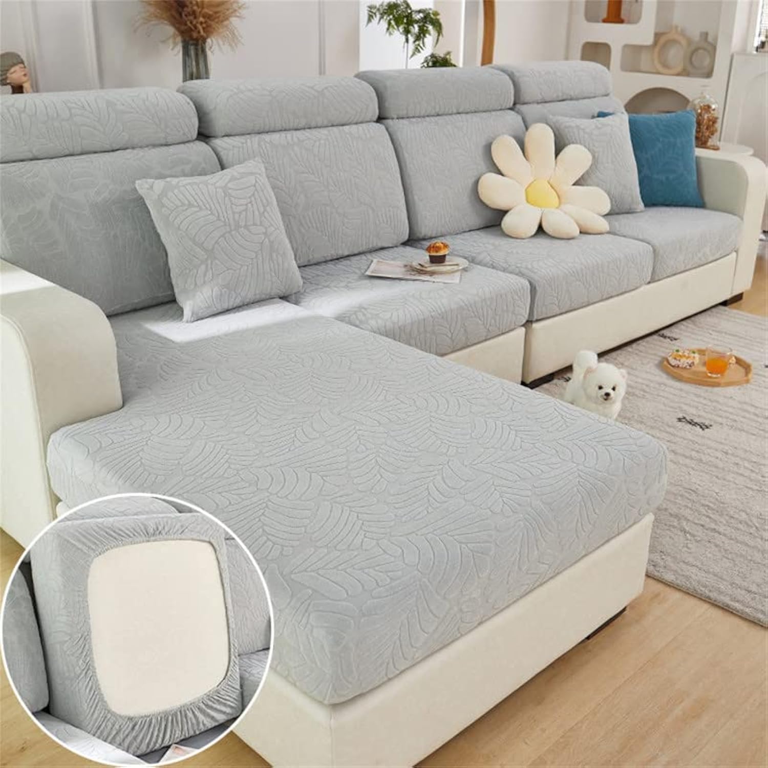 Topchances Sofa Seat Cushion Covers - Stretch Sofa Cushion Covers Replacement, Non-Slip Sofa Seat Slipcovers for Sofa Cushion L Shaped Chaise Longue Furniture Protection (Leaves, Light Grey)