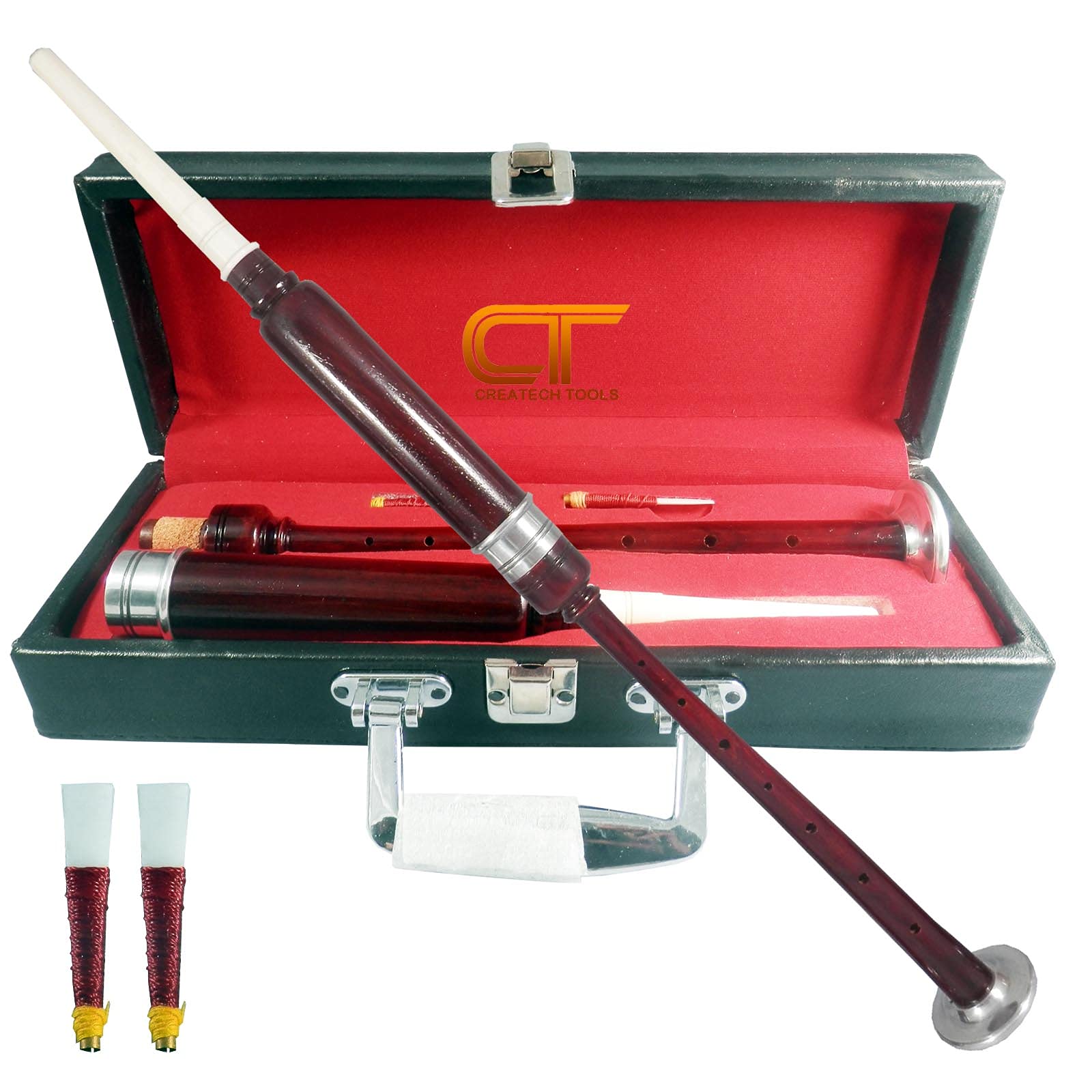 Scottish Highland BagPipe Practice Chanter, Carrying Case & Reeds by Createch Tools (Dark Brown)