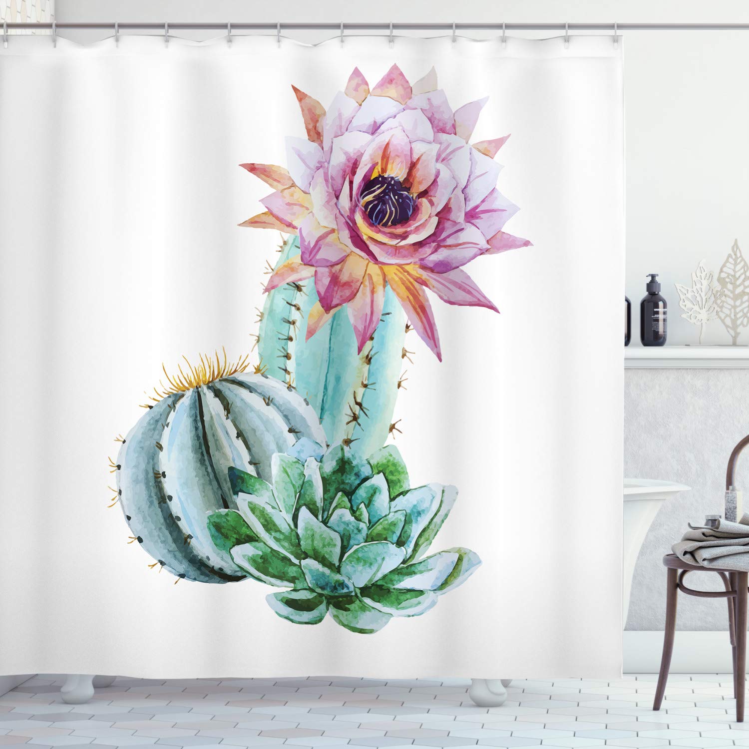 ABAKUHAUS Cactus Shower Curtain, Cactus Spikes Flower in Hot Mexican Desert Sand Botanical Natural Image, Cloth Fabric Bathroom Decor Set with Hooks, 175 x 220 cm, Green Pink Blue