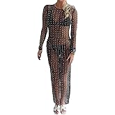 Springcmy Sexy Women Sheer Mesh See Through Pearl Rhinestone Beach Maternity Dress Swimwear Bikini Bathing Suit Coverup