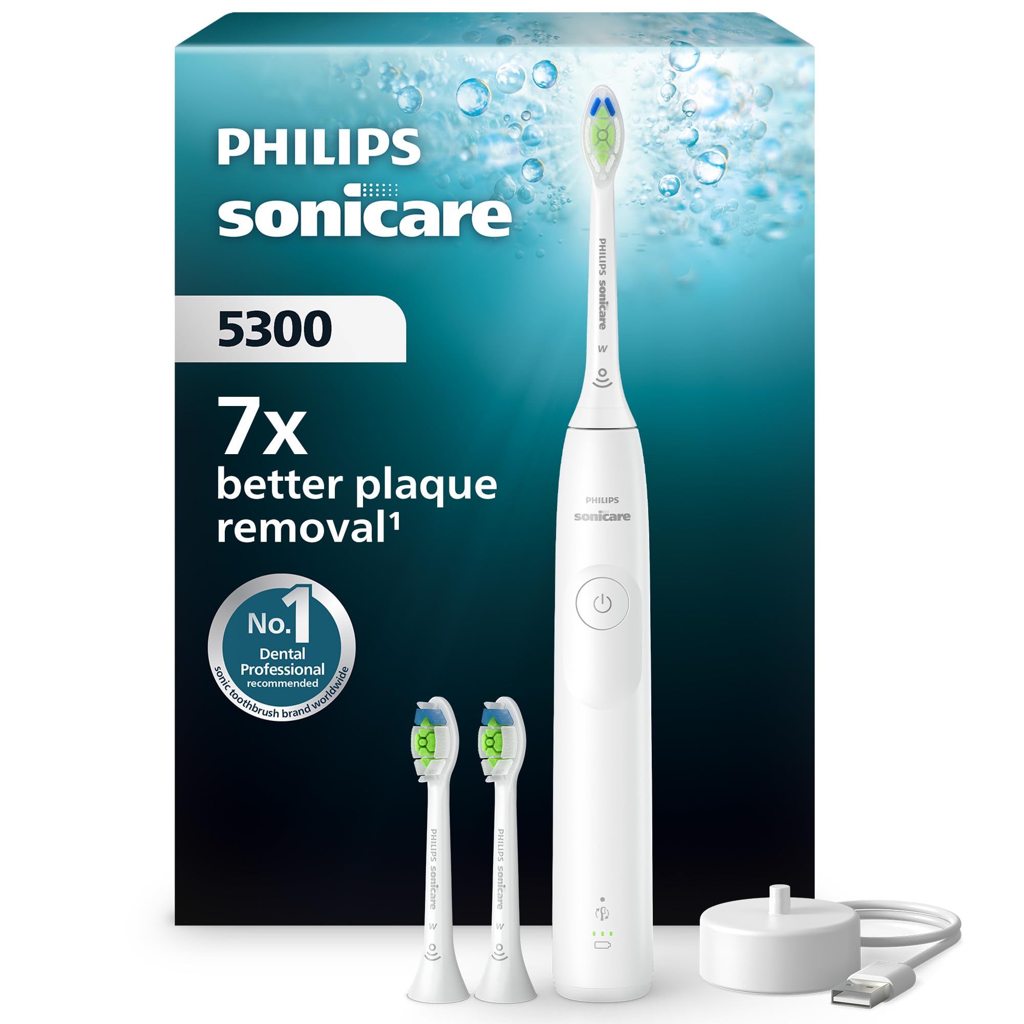 Philips Sonicare 5300 - Brosse à dents électrique sonique avec 2 niveaux d'intensité, Alerte de pression, EasyStart, SmarTimer et BrushPacer, Blanc, modèle HX7108/04 [Nouvelle technologie]