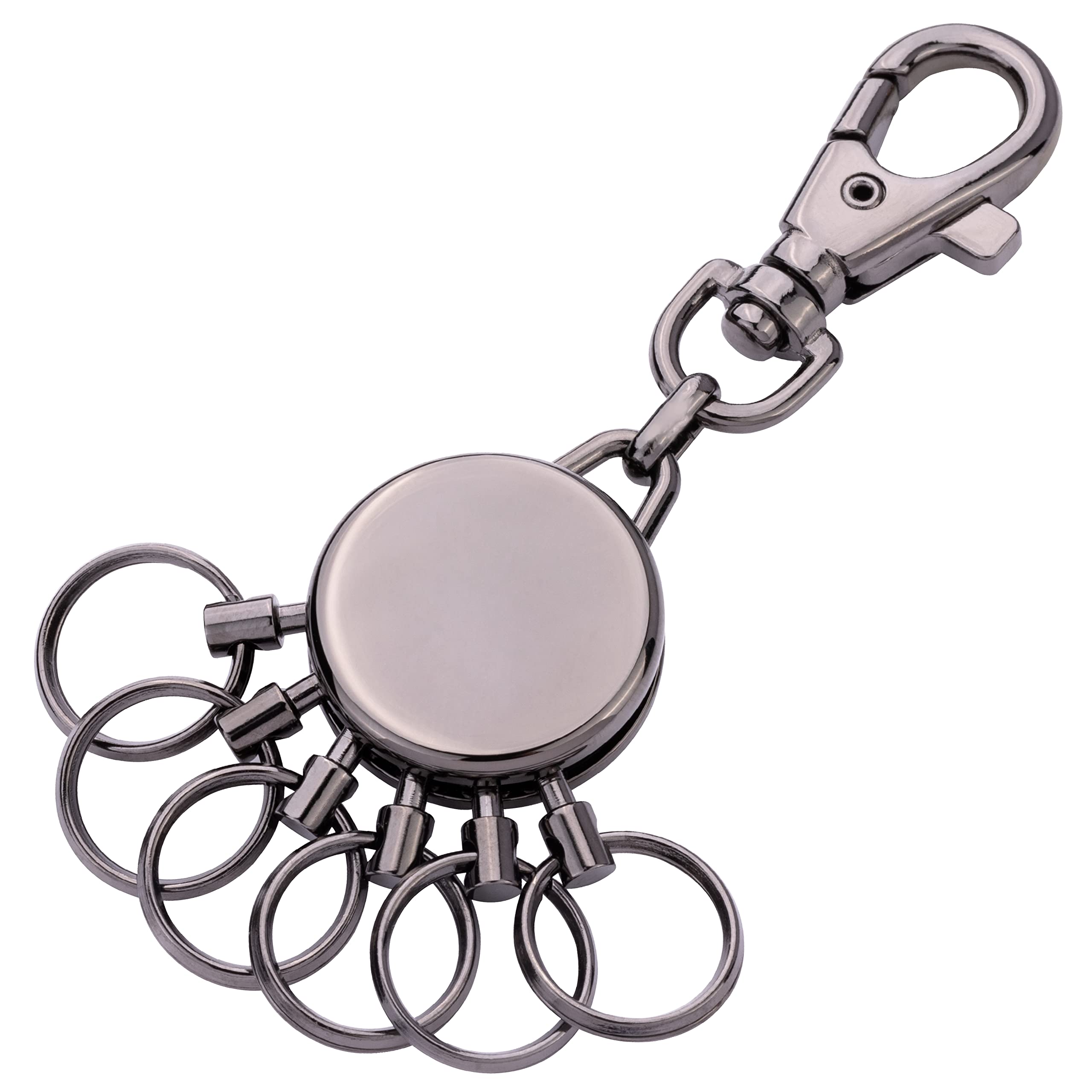 Troika Basic – the ingenious key organisation. Makes even the biggest keyring easy to handle. Change in seconds. Quality and safety. Gift packaging, Gun Metal, 6 Ringe