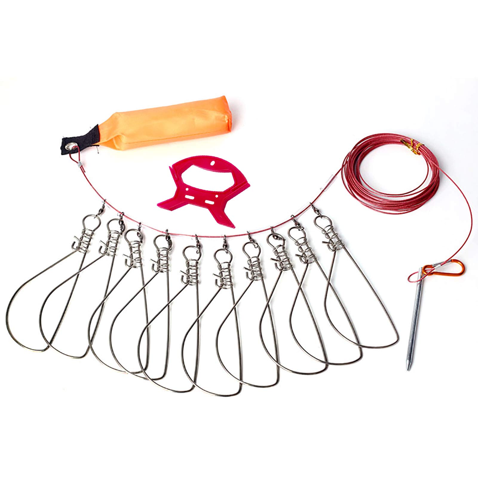 LAIBOREC Fishing Stringer Live Fish Lock, with 10 Stainless Steel Fish Snaps, Big Fish Wire Rope Lock Fishing Holder Buckle Kit with Float and Plastic Handle
