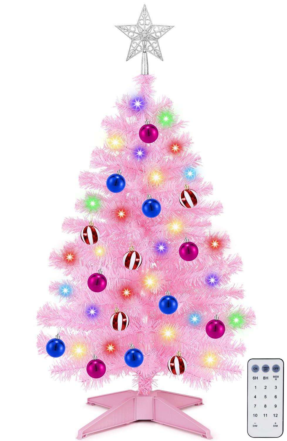 Photo 1 of [ Remote Control & 12 Modes ] 3 Ft Christmas Tree with Timer 50 Warm White & Multi Color Lights, 15 DIY Ornaments 3D Star Topper - Artificial Small Pink Christmas Tree for Home Indoor Tables - Pink