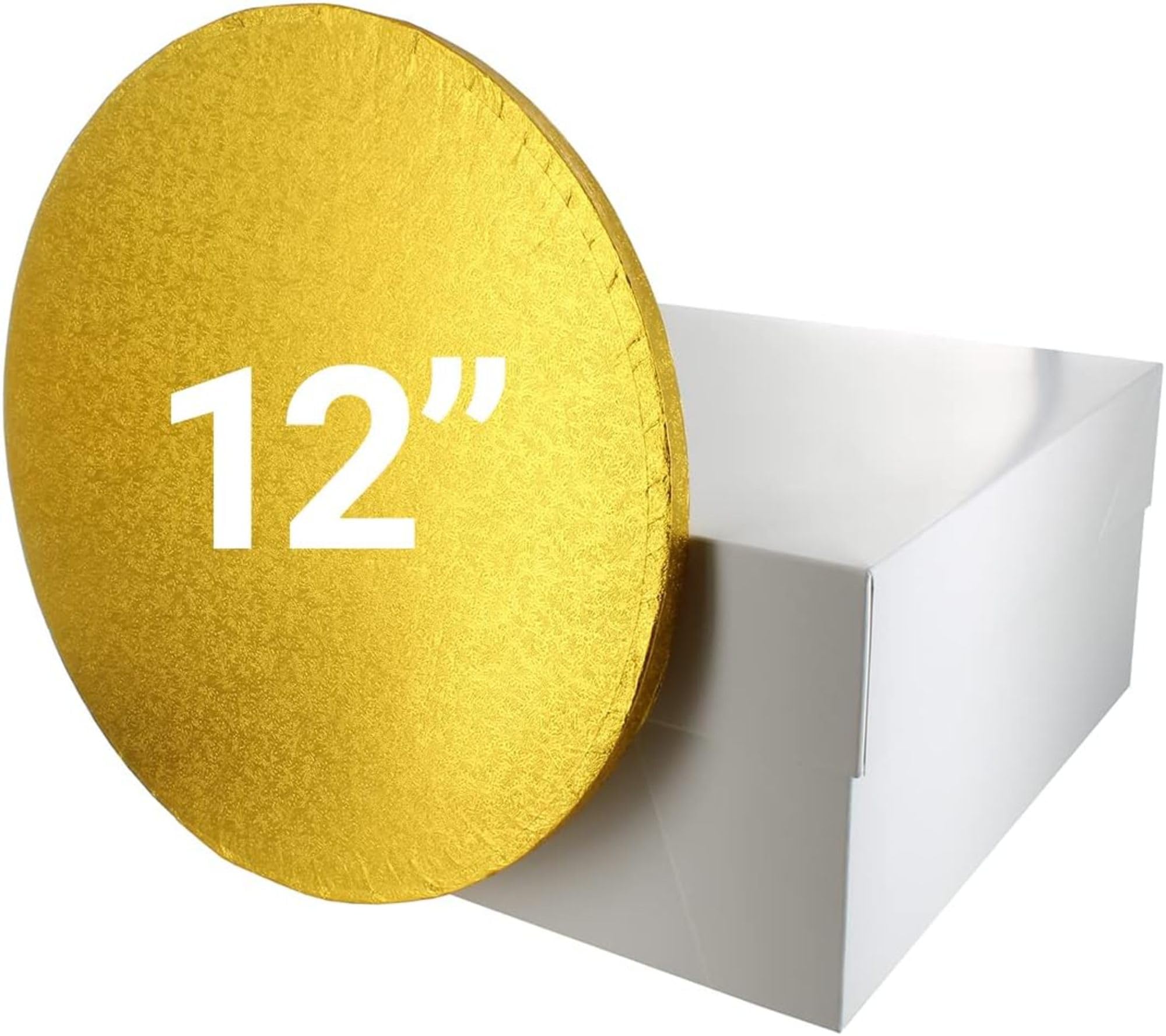 Culpitt 12" Gold Cake Board & White Box Combo, Round Drum With Matching, 0.5'' (13mm) Thick, Square Transport, 12 Inch Single Pack, 90270