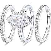 MDFUN Three-in-One Oval Halo Wedding Bands Set Engagement Rings 18K White Gold Plated Cubic Zirconia Promise Eternity Band for Women Size 5-10
