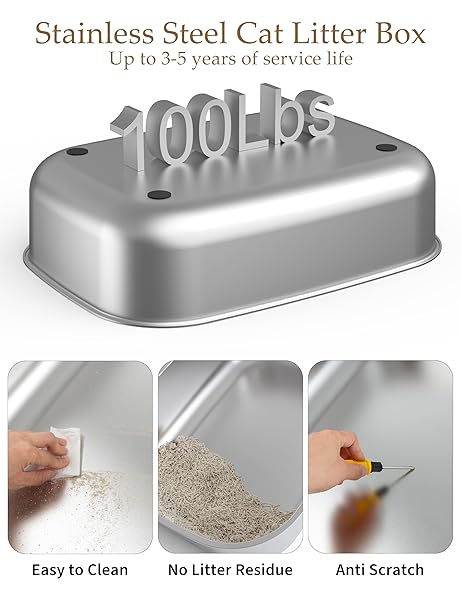 STAINLESS STEEL LITTER BOX WITH LID, EXTRA LARGE ENCLOSED CAT LITTER BOX FOR BIG CATS, ANTI-LEAKAGE METAL KITTY BOX WITH HIGH SIDED ENCLOSURE, SCOOP, PEDAL & NON-SLIP MAT, EASY TO CLEAN