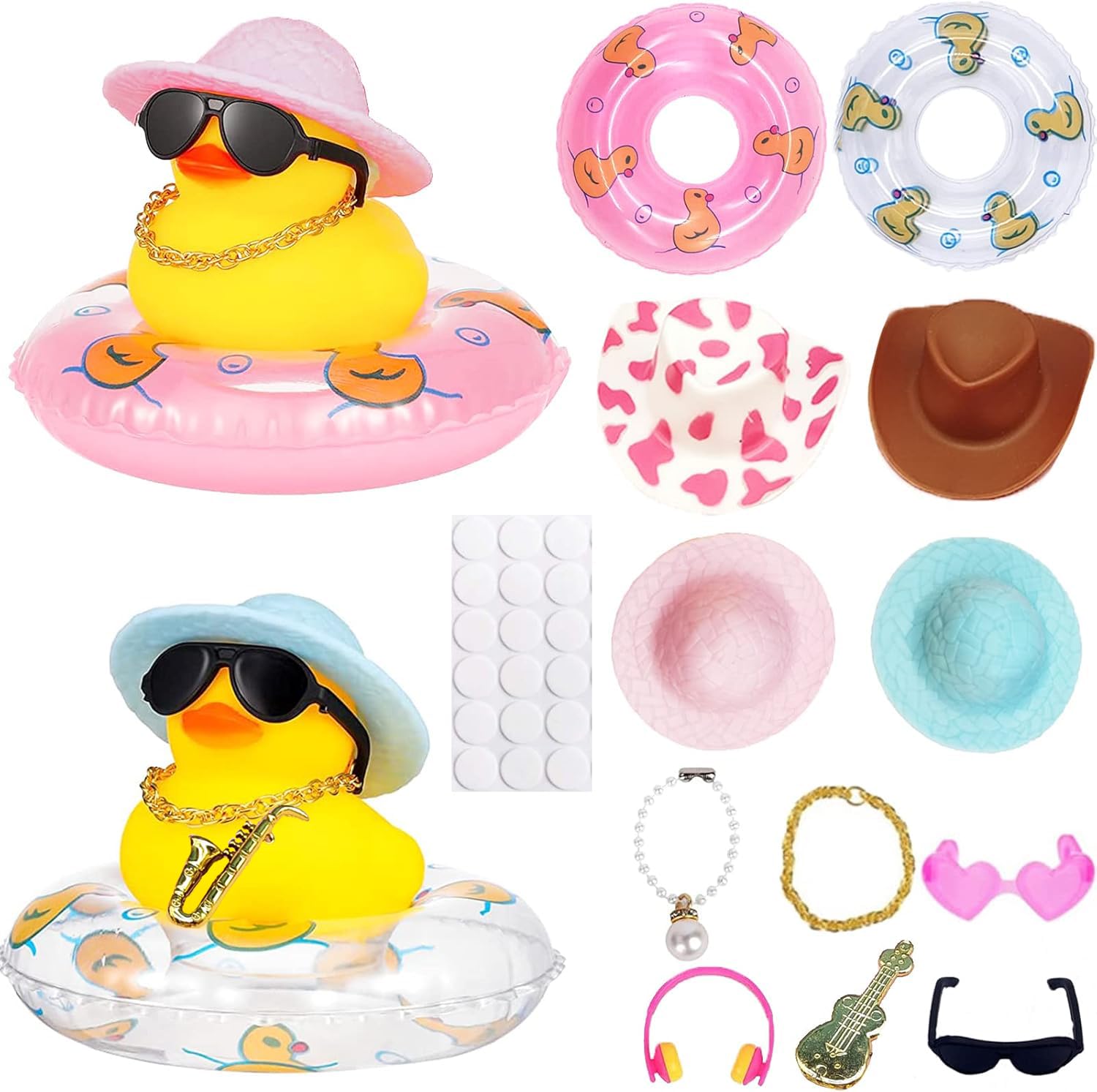 Carreuty 2PCS Car Rubber Duck Decoration Dashboard Yellow Duck with Hat Sunglasses Chain Donut Guitar/saxophone for Bath Toys Baby Shower Toy Bedroom Ornaments