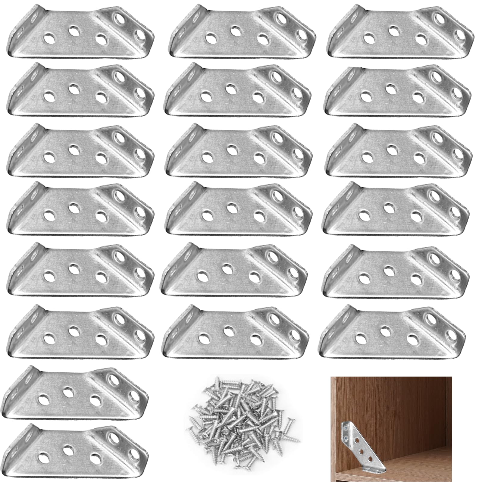Universal Furniture Corner Connector, 20Pcs Triangle Corner Bracket for Wood with 80 Pcs Screws, Metal Angle Bracket for Furniture, Shelf, Cabinet, Table, Chair