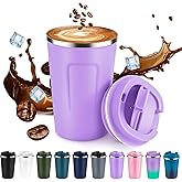 Volhoply 12 oz Double Wall Insulated Vacuum Travel Coffee Mug with Flip Lid,Reusable Stainless Steel Leak Proof Coffee Cup,Portable Cafe Thermal Tumbler Suitable for Hot & Cold Drinks(Purple,1 Set)