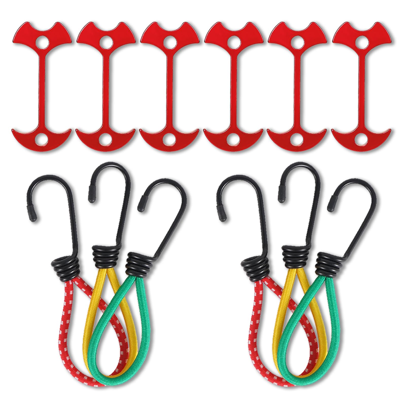 Eowppue 12Pcs Heavy-Duty Bungee Cords & Deck Plank Stakes Combo - 6in bungee cords with hooks & Black Fishbone Pegs for Outdoor Camping, Garage Organization, Travel Tie Down & Guyline Adjuster Set