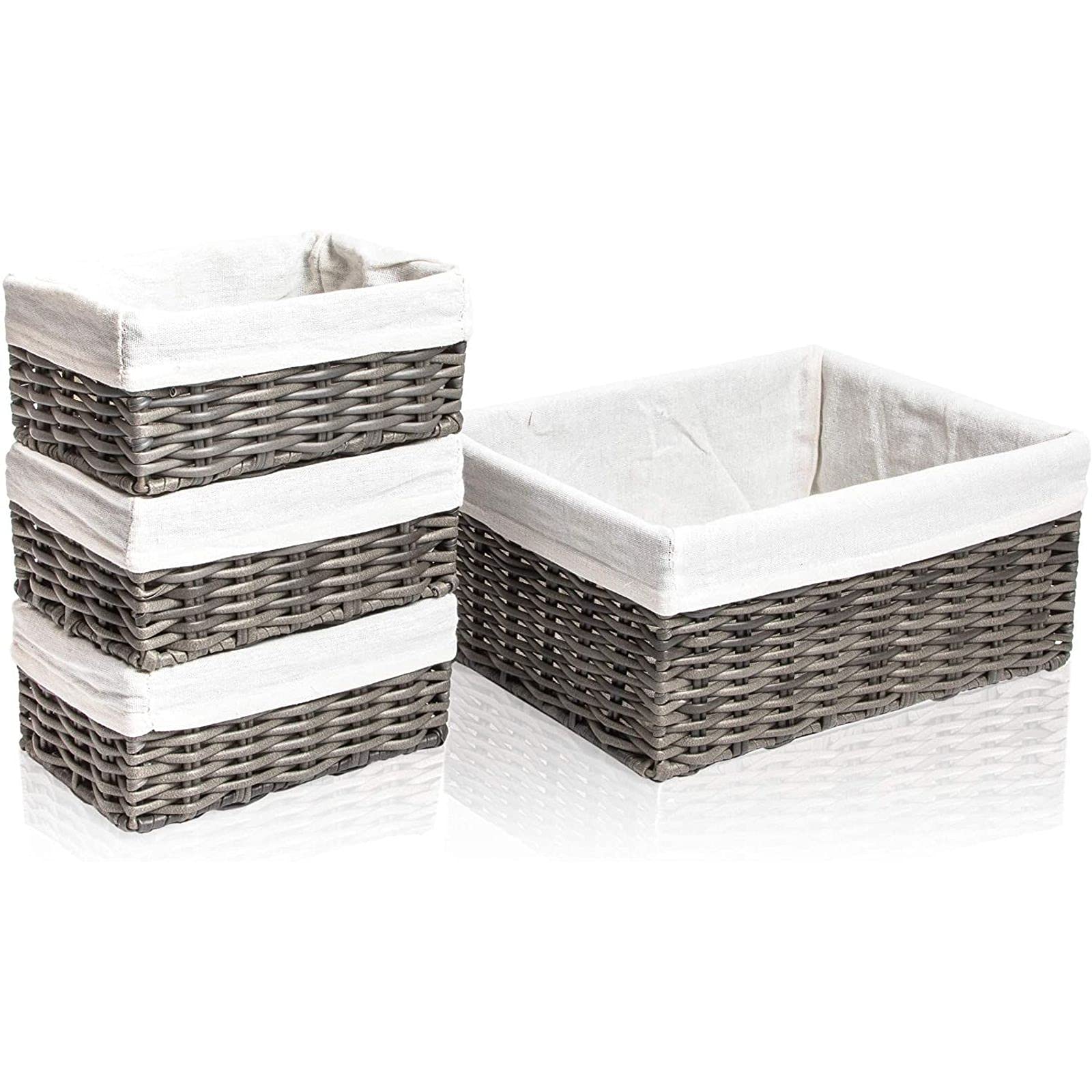Photo 1 of Farmlyn Creek Wicker Nesting Baskets with Cloth Lining - 4-Pack Rectangular Baskets, Gray, Large 13 x 9.5 x 6 in & Small 8 x 5.5 x 4 in - Storage Bins with Liners for Shelves & Decorative Storage