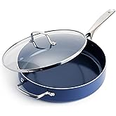 Blue Diamond 5QT Saute Pan with Lid, Non Toxic PFAS-Free Diamond Ceramic Nonstick, Dishwasher & Oven Safe, Metal Utensil Safe, Deep Jumbo Cooker Skillet with Helper Handle, Glass Lid, Blue