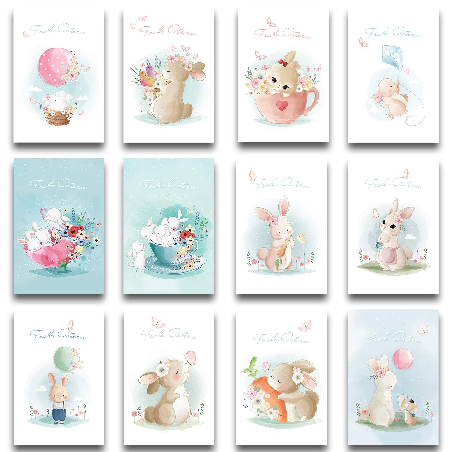 Easter Cards Set of 12 Folding with 12 Matching Printed Envelopes in Delicate Pastel Shades with Rabbits and Easter Eggs - Happy Easter Greeting Cards in A6 for Home and Business