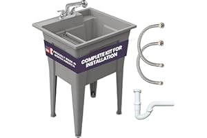 Freestanding Utility Sink with Two Handle Chrome Faucet - 24" Plastic Utility Sink for Garage, Laundry, Indoor and Oudoor Use