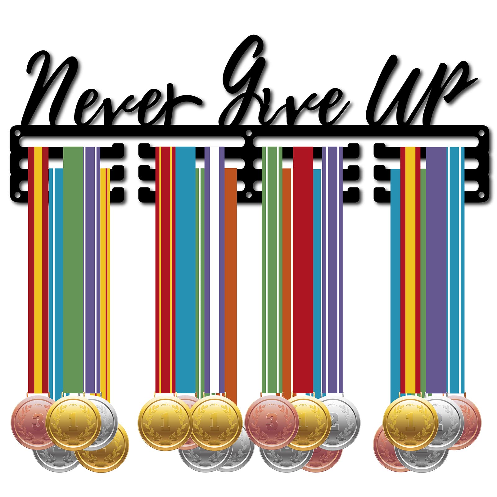 CREATCABIN Never Give Up Medal Holder Black Athlete Metal Medals Hanger Display Stand Awards Display Frame Rack Wall Mount Hanger for 3 Rung Medalist Runners Soccer Swimming Gymnastics Over 60 Medals